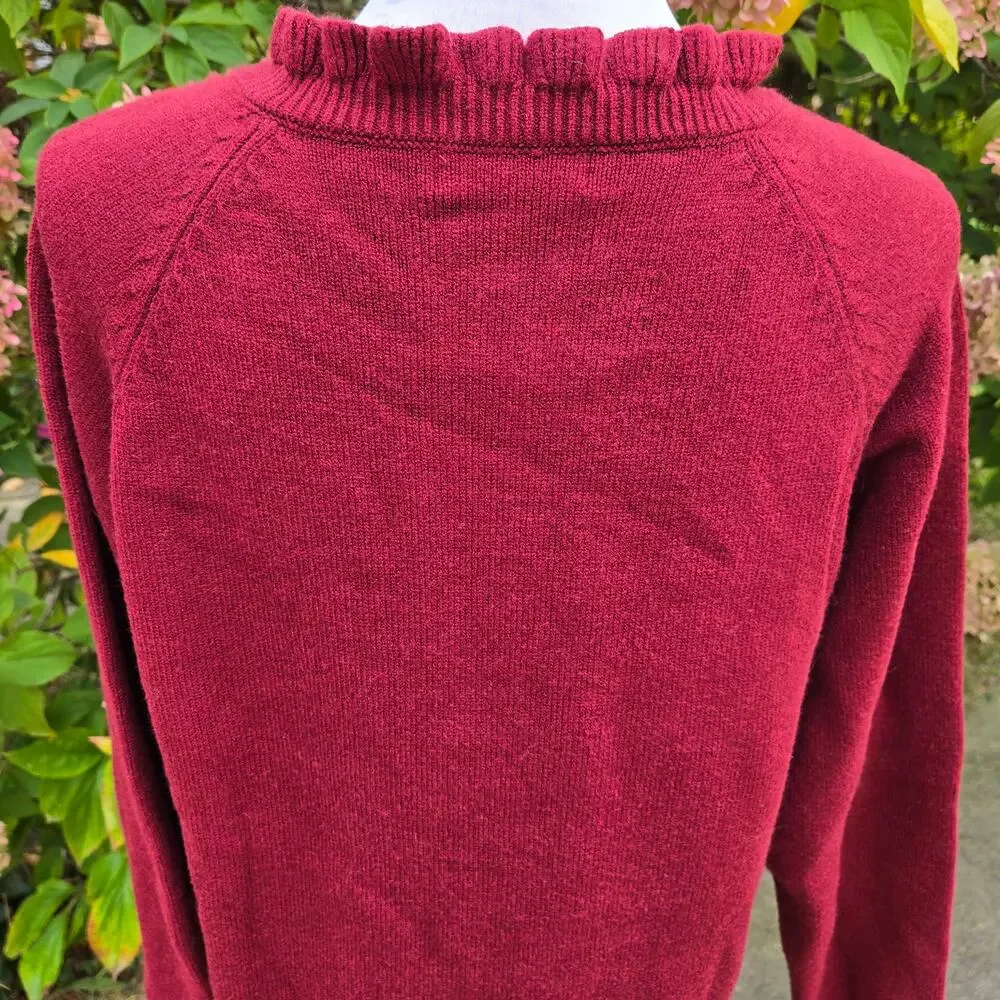 Demure BTFBM Cranberry Holiday Henley High Neck Pullover Sweater Ruffles Buttons